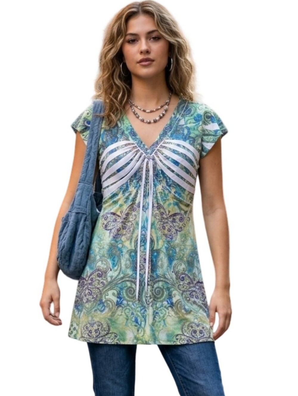 UNITY WORLD WEAR Y2K Fairycore Boho Paisley Rhinestone Babydoll Tunic Top